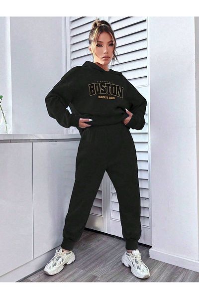 PALPİTO Γυναικείο Σετ Jogger Hoodie Oversize με κουκούλα Boston με στάμπα