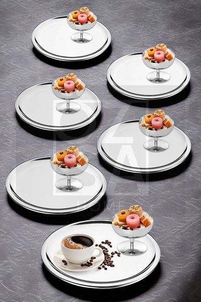 ÖzSa Home Presentation Set for 6 People Steel 21cm Round Tea Coffee Serving Presentation Tray and Turkish Delight Bowl Ice Cream