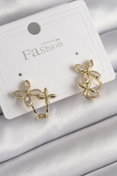Clariss Brass Gold Color Zircon Stone 2-Piece Flower Model Women's Earrings