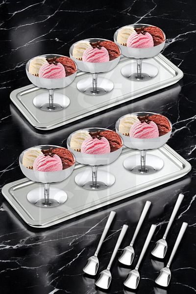 ÖzSa Home 6-Person Ice Cream Dessert Bowl - Standing, 2-Piece Tray, Steel Material Presentation Set