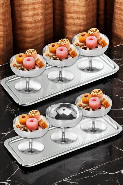 ÖzSa Home 8 Pieces Presentation Set Steel Rectangular Tea Coffee Serving Presentation Tray and Turkish Delight Snack Bowl Ice Cream