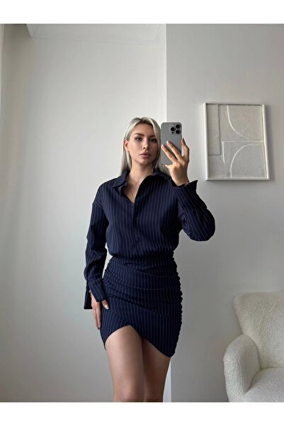 Zora Butik Çizgili Double Gömlek Elbise - LACİVERT