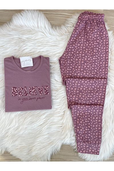Pijamacs Set de pijamale tricotate cu mâneci scurte din bumbac cu model de flori crocante liliac