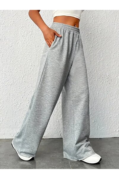 CAONNES Gri Büyük Beden Günlük Pantolon, Kadın Artı Cepli Katı Yüksek Streç Düz Bacak Pantolonaa