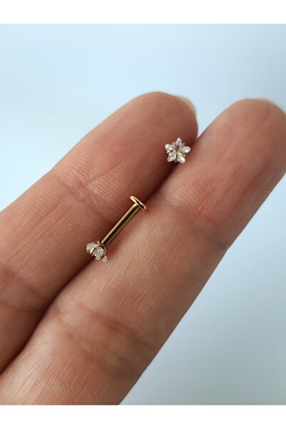 kurukafagift Yıldız Taşlı Tragus Helix Piercing Gold 8 mm