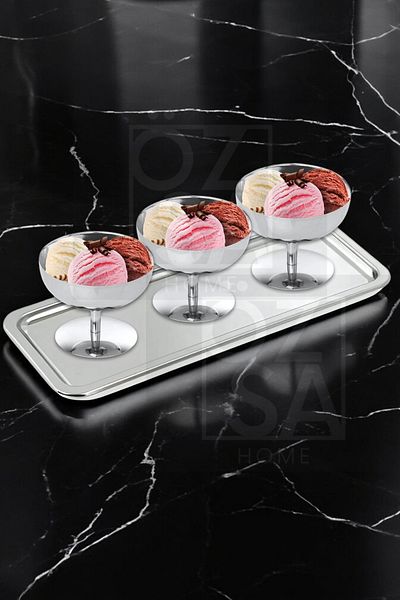 ÖzSa Home 4-Piece Ice Cream Presenter Set - Standing and Dessert Bowl, Steel Tray