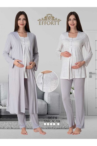 Maison Mila Maternity Pyjama Set with Effortt Shawl Patterned Long Dressing Gown