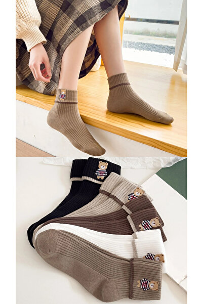 Genel Markalar 5 Çift Ayıcık Desenli Çok Renkli Teddy Bear Kadın Çorabı Derby Fitilli Dikişsiz Burun Rahat Çorap