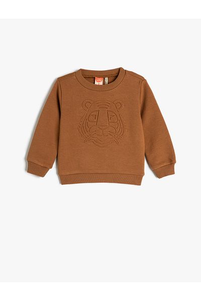Koton Mikina Crew Neck Long Sleeve Tiger Embossed Printed