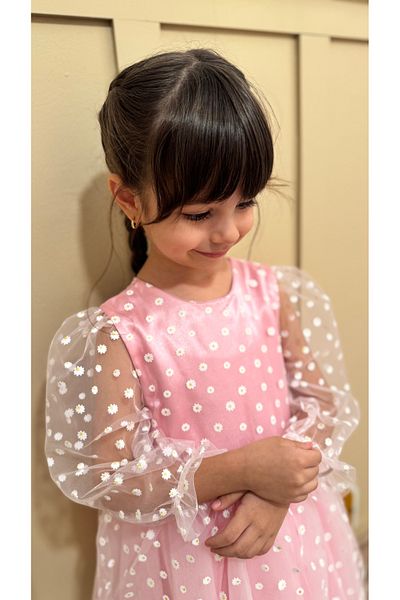 penu baby kids Pink Flower Detailed Three Quarter Sleeve Baby Girl Dress