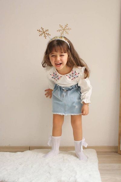 Prime Butik Girl's 2-Piece Suit with Embroidered Collar with Jeans Skirts
