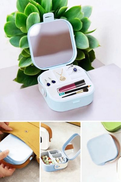 Bundeba Cutie de bijuterii pentru machiaj Mini organizator în formă de geantă cu oglindă în interior 9X9X4 Cm