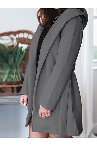 modaserdem Women's Long Sleeve Waist Belted Hooded Short Stamp Coat