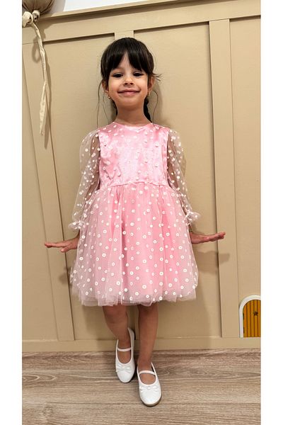 penu baby kids Pink Flower Detailed Three Quarter Sleeve Baby Girl Dress
