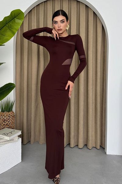 barış sülün lovebox Țesătură flexibilă și transparentă - Rochie maxi maro cu mâneci lungi și fante 275
