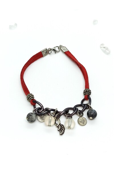 COOL&RELAX Handmade Natural Stone and Glass Decorated Claret Red Skin Leather Women Ankle