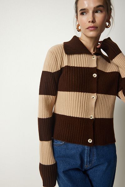 Lovelyİstanbul Knitwear Polo Collar Cardigan - Button, Brown, Biscuit Lus0046