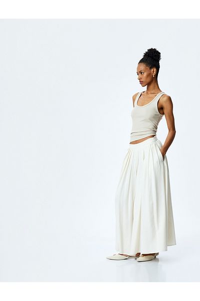Koton Pocketed Slit Viscose Linen Blended Pleated Long Flared Skirt