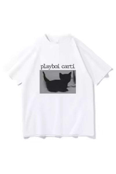 Boi Μπλουζάκι Playboi Carti - Ανδρικό Γυναικείο Μπλουζάκι με χαριτωμένο γάτα με λαιμόκοψη μεγάλου μεγέθους κοντομάνικο μαύρο λευκό μπλουζάκι
