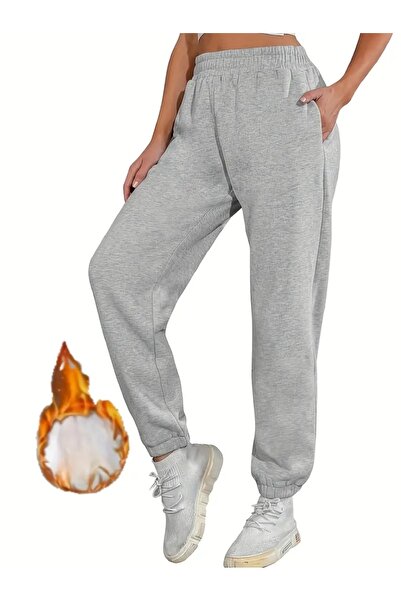 CAONNES Γκρι γυναικείο παντελόνι φόρμας με άνετη εφαρμογή, ψηλόμεσο, πλεκτό ύ...
