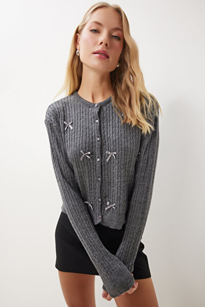 Lovelyİstanbul ANTRASIT LPF0084 - Πλεκτή Ζακέτα με Φιόγκο