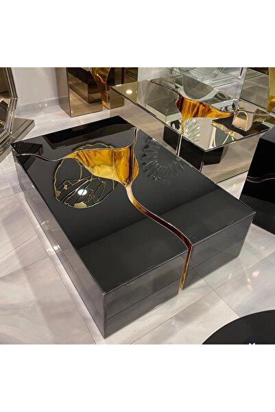 LUXURY VİLLA LUXURY SİYAH CAMLI TEKERLEKLİ ORTA SEHPA 80X120 YÜKSEKLİK 32CM