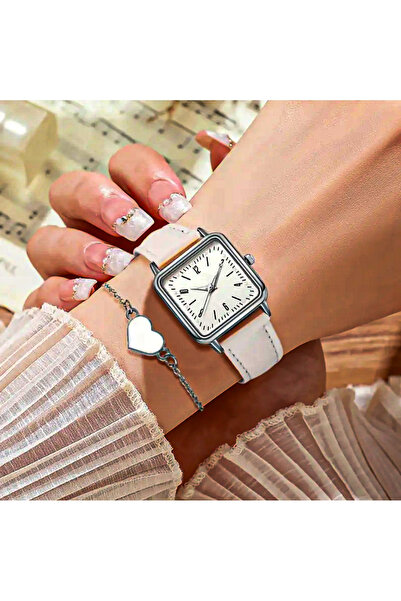 Geneva Şık Kadın Kare Saat ve Kalpli Bileklik Seti Beyaz