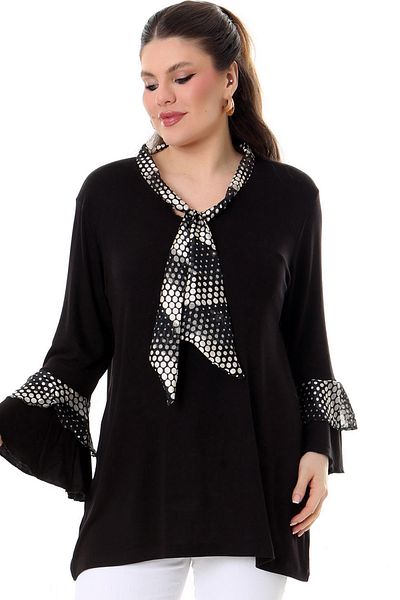 Kheos Flounced Long Spanish Sleeve Bow V-neck Sleeve and Bows Polka Dot Lycra Flowing Comfortable Blouse