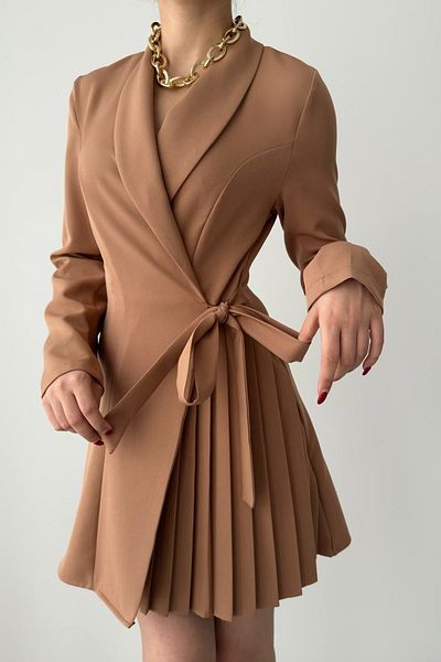 WOMAN VISION Γυναικείο ύφασμα Mink Atlas με πλισέ και ζωσμένο σχέδιο μακρυμάνικο μίνι παλτό φόρεμα 281