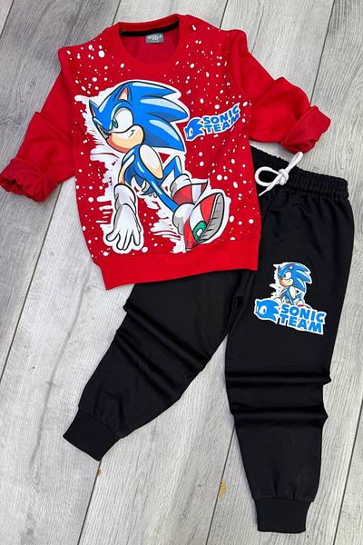 Sonic طقم بدلة رياضية باللون الأحمر بطباعة سونيك 2 Yarn