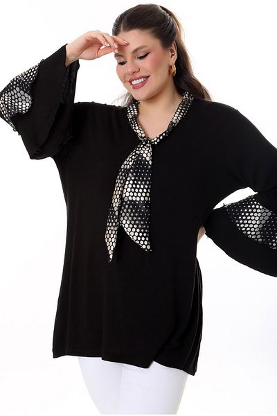 Kheos Flounced Long Spanish Sleeve Bow V-neck Sleeve and Bows Polka Dot Lycra Flowing Comfortable Blouse
