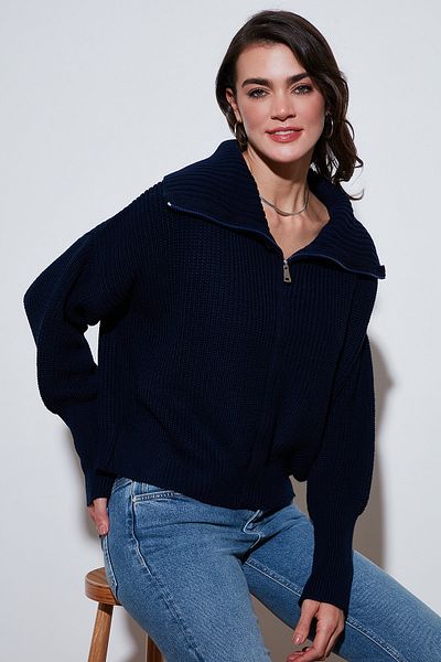 Lela Standard Fit Balloon Sleeve Zippered Thessaloniki Knitted Cardigan Cardigan 4615562