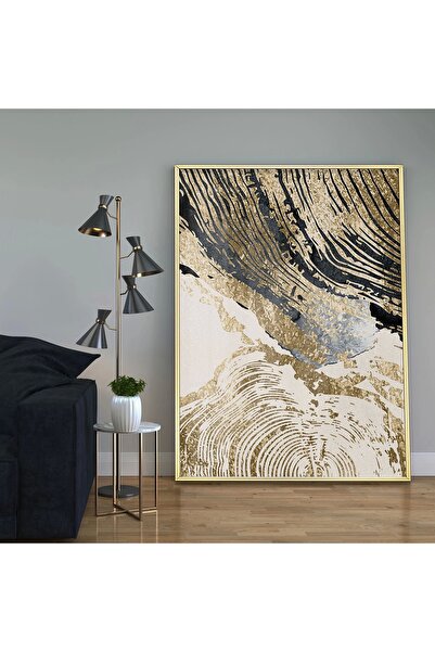 KOLAJTASARIM Siyah, Beyaz ve Gold Desenli Tekli Metal Çerçeveli Tablo /S