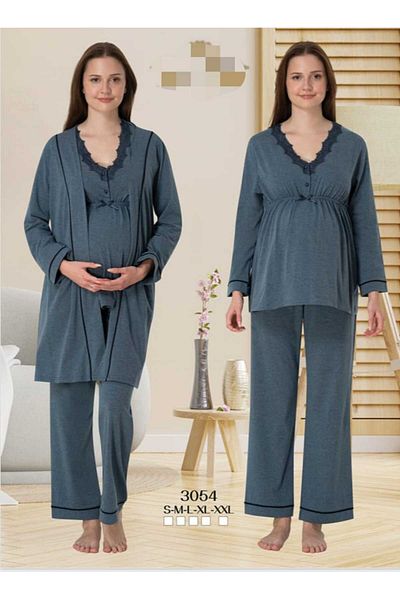 Lohussa Women's Anthracite Lace Special Design Cotton Combed Maternity Maternity Dressing Gown Pajamas Set Set