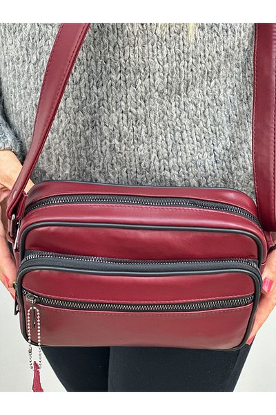 Deribag Piele autentică, mărime medie, curea încrucișată, geantă de umăr pentru femei, roșu claret 23*18*8 cm