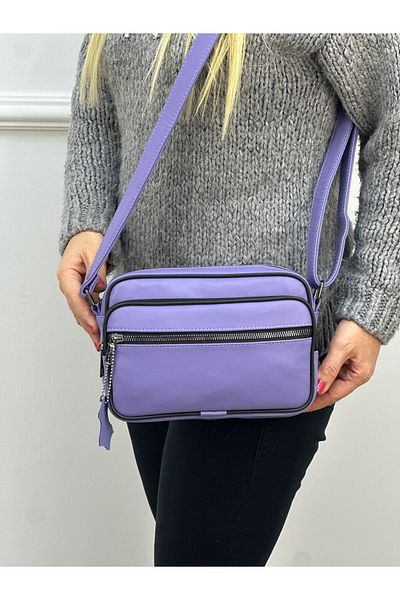 Deribag Piele autentică, mărime medie, curea încrucișată, geantă de umăr pentru femei, liliac 23*18*8 cm