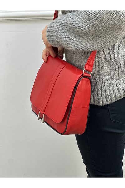 Deribag Piele autentică, curea încrucișată, geantă zilnică, geantă de umăr pentru femei, roșu 26*25*8 cm
