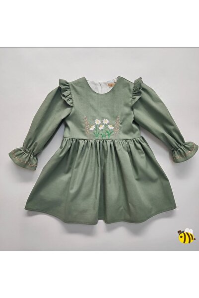 Baby Papatya Nakışlı Kolları Fırfır Detaylı Kız Çocuk Elbise