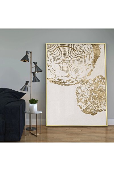 KOLAJTASARIM Beyaz ve Gold Desenli Tekli Metal Çerçeveli Tablo