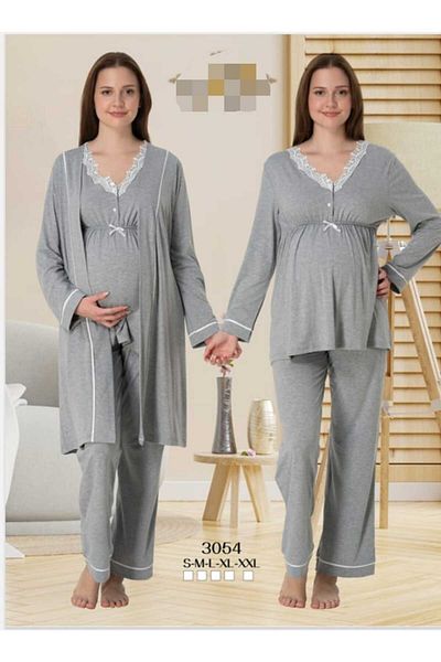 Lohussa Women's Gray Lace Special Design Cotton Combed Maternity Maternity Dressing Gown Pajamas Set Set