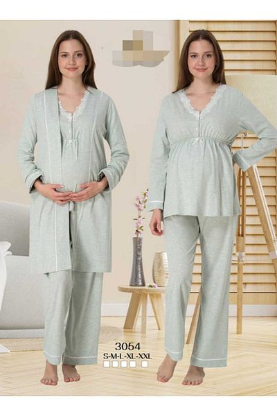 Lohussa Women's Green Lace Special Design Cotton Combed Maternity Maternity Dressing Gown Pajamas Set Set