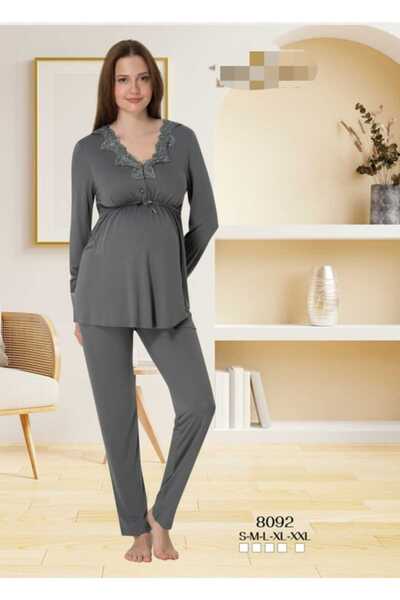 Lohussa Women's Gray Lace Special Design Cotton Combed Maternity Maternity Dressing Gown Pajamas Set Set