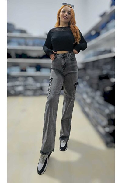 LAMİRA Women's Smoked Snow Lycra Cargo Pocket Palazzo Wide Leg