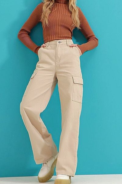 LAMİRA Liliy Γυναικείο Red Colorfast Lycra Πίσω Μοντέλο Cargo Palazzo Παντελόνι χωρίς τσέπη