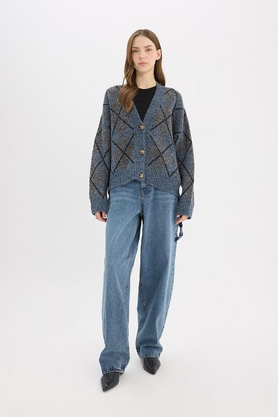 DeFacto V-Neck Argyle Regular Fit Knitwear Cardigan - Buttoned F0062Ax24Cw