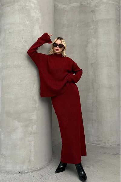 Havoş Dark Red Knitted Fisherman Sweater Skirt Set
