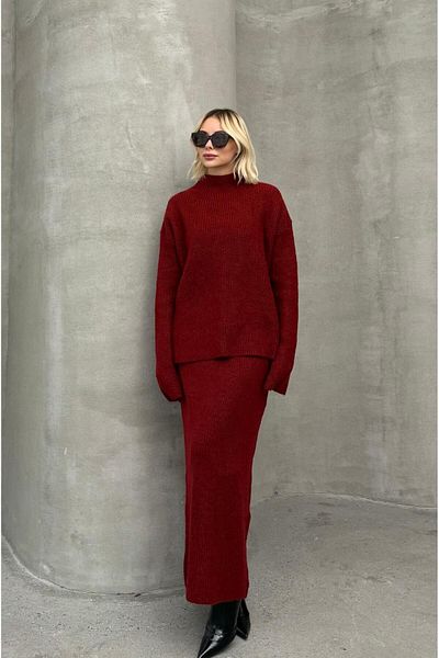 Havoş Dark Red Knitted Fisherman Sweater Skirt Set