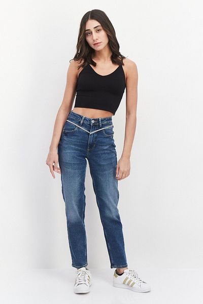 Guess Women Tapered Fit Wash Stretchable Denim, Blue