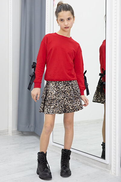 Cansın Mini Kırmızı Kolları Fiyonk Detaylı Badili Leopar Etekli Kız Çocuk Takım 20188