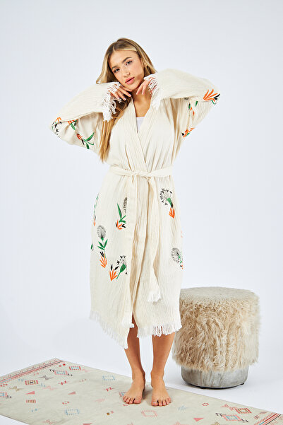 SEMTEKSTİL Müslin Bornoz Sabahlık Desenli Ve Cepli